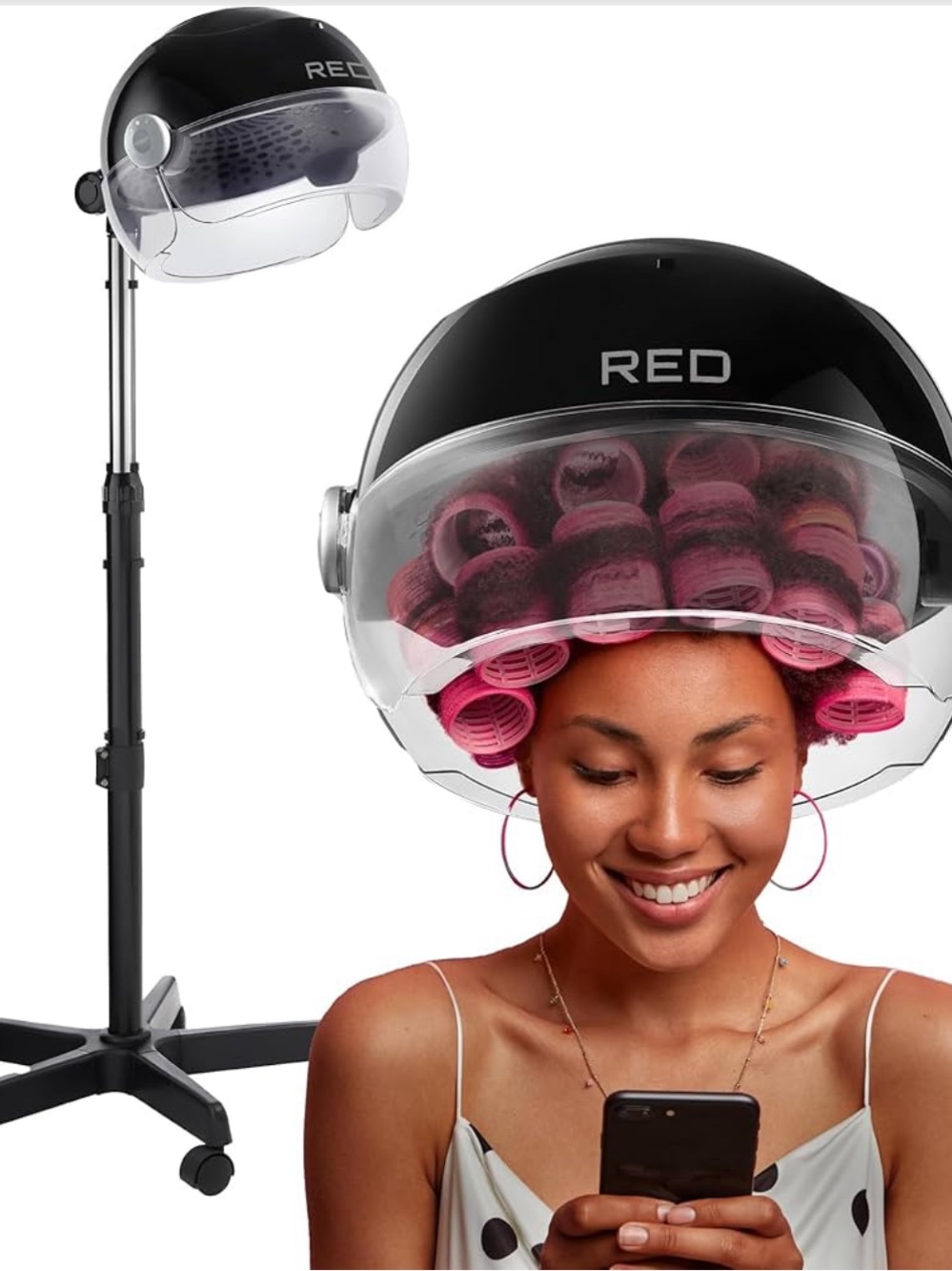 Red Black Hooded Salon Hair Dryer with Clear Visor